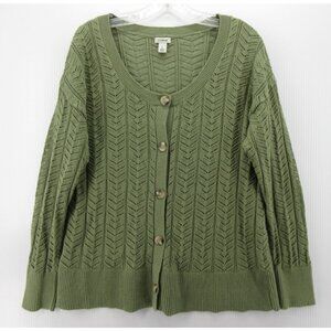 LL Bean Sweater Large Olive Cardigan Pointelle Button Up Scoop Neck
